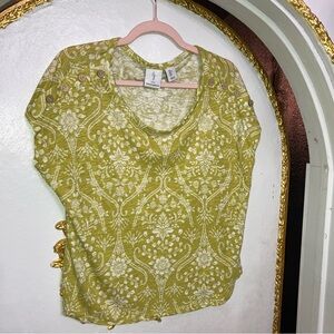 Joie Green Floral Print Short Sleeve Top Button Shoulder Size L